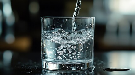 Poster - pouring drinking water in a transparent glass isolated on abstract background with glass table water resource concept with copy space : Generative AI