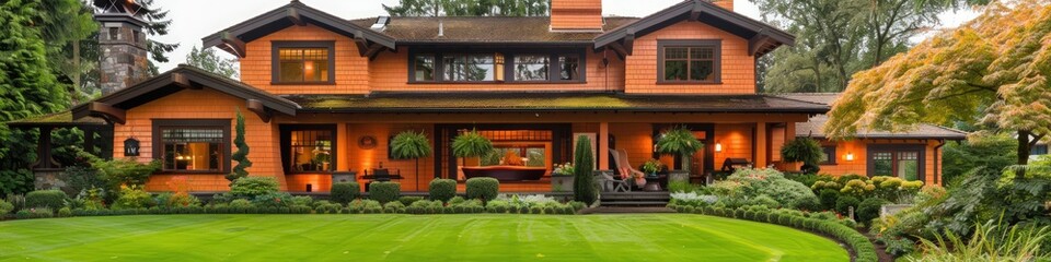 Beautiful Craftsman residence featuring a soft orange facade, natural wood accents, and a lush green lawn.