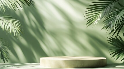 Aufkleber - Abstract green background with shadow of palm leaves for the presentation of a cosmetic product A scene with a geometric backdrop Podium for product promotion beauty natural eco cosmet : Generative AI