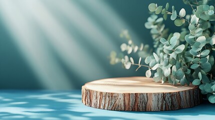 Leinwandbilder - Abstract empty Wood slice podium with eucalyptus leaves and shadows on blue background Mock up stand for product presentation 3D Render Minimal concept Advertising template : Generative AI
