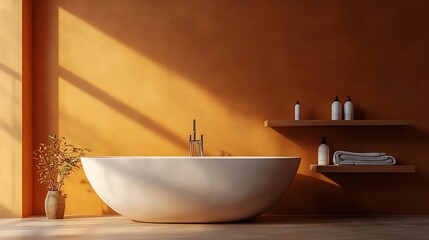 Modern bathtub and shelf with supplies near brown wall : Generative AI