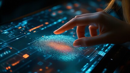 Leinwandbilder - Biometric security system identification businesswoman scanning fingerprint to access authentication personal financial data cyber security concept : Generative AI