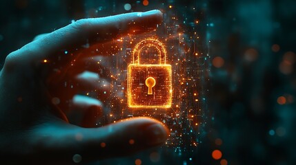 Fototapete - Cyber security Hand hold digital padlock Login verified identity credentials on network of data protection technologyOnline internet authorized access against cyber attack and business : Generative AI
