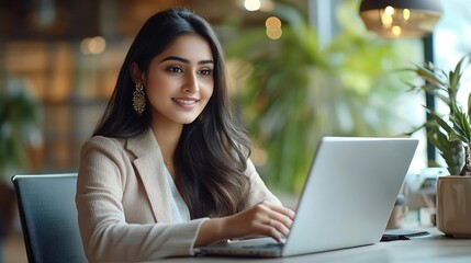 Happy young indian business woman entrepreneur using computer looking at screen working in internet sit at office desk smiling hindu female professional employee typing email on laptop : Generative AI