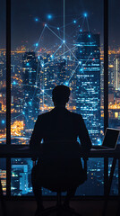 Aufkleber - Businessman pondering the future of technology at his city office desk at night