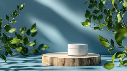 Aufkleber - Two cosmetic product podiums mockup Background for presentation of cosmetic Minimal modern product display on neutral blue background Wood slice podium and green leaves Concept scene : Generative AI