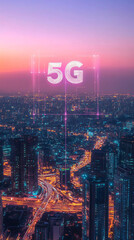 Poster - Futuristic cityscape with a 5g network overlay symbolizing the future of technology and high-speed internet