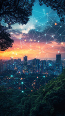 Poster - Cityscape and forest at dusk connected by a network, representing the intertwining of technology and nature