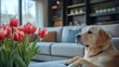 © The Little Hut - Interior of modern light living room with comfortable sofa tulips and dog : Generative AI