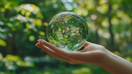 Environment Green earth ball in hand in green forest background Ecosystem Earth Day Forest conservation CSR ESG NET ZERO : Generative AI