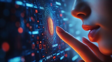 Leinwandbilder - Biometric security system Woman uses fingerprint to access personal financial information on Banking app on virtual screen Biometric cyber security innovation technology : Generative AI