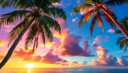 Tropical Paradise with Lush Palm Trees and a Stunningly Vibrant Sky