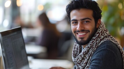 Aufkleber - Smiling young middle eastern businessman sitting at worktable at modern office typing on computer keyboard sending emails to his business partners working on marketing research copy sp : Generative AI