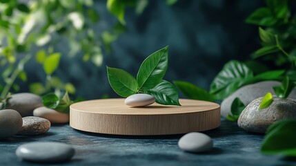 Poster - Wood podium with green leaves and natural stones Abstract podium for organic cosmetic products Natural stand for presentation and exhibitions Front view : Generative AI