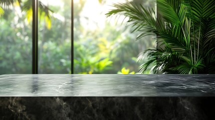 Aufkleber - Empty black marble table and tropical plant behind textured glass panel Home interior showroom background  Luxury tabletop counter product placement montage : Generative AI