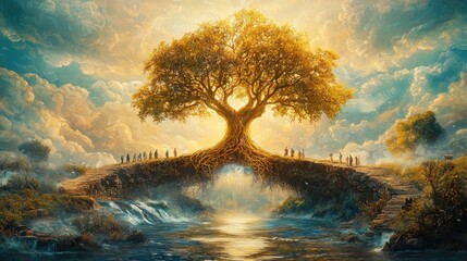 Poster - The Tree of Life bridging heaven and earth, with its roots in the river of life, as nations gather beneath its branches for healing, hyperrealistic, zero background noise, 16K resolution and