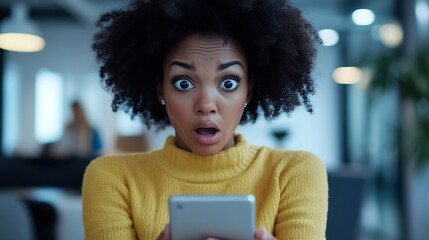 Leinwandbilder - Business woman reading phone and shocked for news social media post or marketing error in office Young african employee confused surprise and stress on mobile for scam mistake or wrong : Generative AI