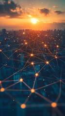 Poster - Network connecting buildings and data flowing over city skyline at sunset, symbolizing global communications and internet of things