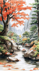 Canvas Print - Tranquil autumn landscape with a river winding through a valley.