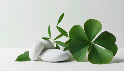 Wall Mural - Serene Harmony of Green Leaves and White Stones in Minimalist Design