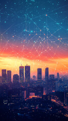 Poster - The city glows at sunset, connecting lines form a network over modern architecture and skyscrapers, symbolizing a bustling business and tech hub where communication flows seamlessly