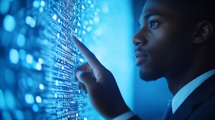 Leinwandbilder - Biometric Authentication African American Businessman Touching Virtual Panel For Fingerprint Scanning Over Blue Background Selective Focus : Generative AI