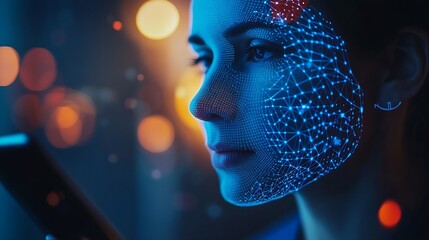 Leinwandbilder - Facial recognition biometric security system cyber security network technology data protection concept Businessman using digital tablet with face scanning unlocked to access personal d : Generative AI