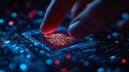 Poster - Cyber security system and data protection concept Man using fingerprint scanning access data with data center as background biometric identity data encryption for network security of c : Generative AI