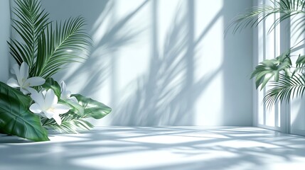 Leinwandbilder - Abstract white studio background for product presentation Empty room with shadows of window and flowers and palm leaves  3d room with copy space Summer concert Blurred backdrop : Generative AI