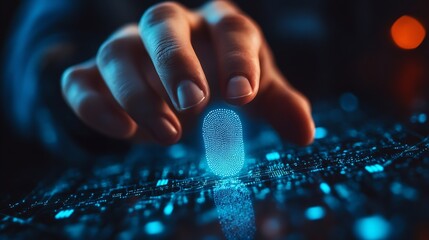 Leinwandbilder - Biometric security data encryption Businessman using fingerprint identity to access personal financial data network security for mobile app software development technology against cybe : Generative AI