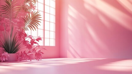 Leinwandbilder - Abstract pink color gradient studio background for product presentation Empty room with shadows of window and flowers and palm leaves  3d room with copy space Summer concert Blurred ba : Generative AI
