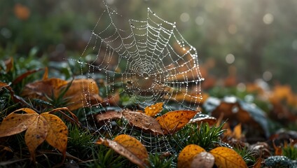 Dew-covered spider web glistening among autumn leaves on a misty morning.