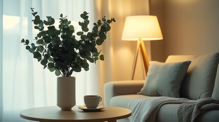 Poster - Vertical shot of soft modular couch floor standing lamp side table green eucalyptus in vase and coffee cup in living room Aesthetic composition of classic interior at cozy house : Generative AI