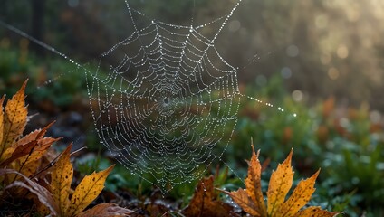 Dew-covered spider web glistening among autumn leaves on a misty morning.