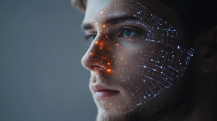 Leinwandbilder - Facial recognition system Man with digital biometric grid and personal data on grey background : Generative AI