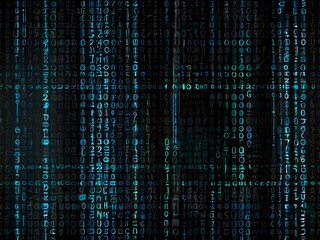 digital background featuring glowing blue binary code in black.