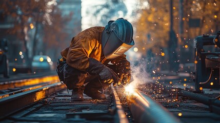 construction welder welding a pipe in an urban street during the day performing mechanical repair with sparks flying showcasing manual labor industrial engineering