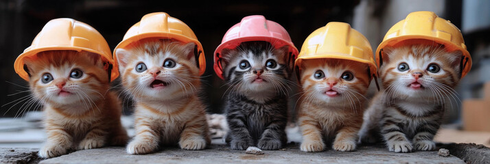 Sticker - Five adorable kittens wearing hard hats.