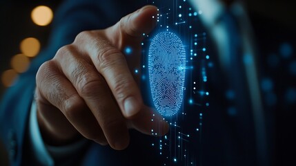 Leinwandbilder - Businessman using fingerprint identification to access personal financial data Idea for Ekyc electronic know your customer biometrics security innovation technology against digital cyb : Generative AI
