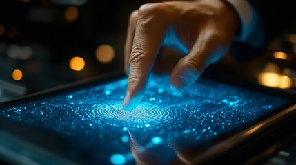Leinwandbilder - Businessman using tablet and fingerprint scanning unlock and access to business data network Biometric identification and cyber security protect business transaction from online digita : Generative AI