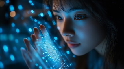 Leinwandbilder - Biometrics security system Woman using fingerprint identification to access personal financial data on mobile phone mobile banking app biometrics cyber security innovation technology : Generative AI
