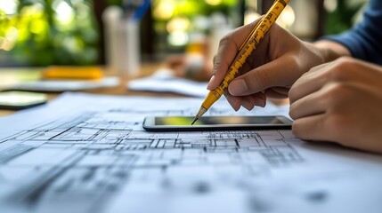 Aufkleber - Close up of smart business team hand working together to plan design while looking at project plan from tablet and discussing about blueprint and building construction at meeting table : Generative AI