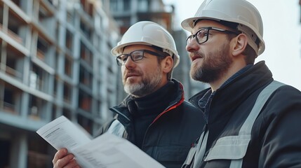 Poster - Architect engineer or interior designer showing worker new apartment plan realtor consulting builder in making real estate renovation repair investment and apartment construction weari : Generative AI