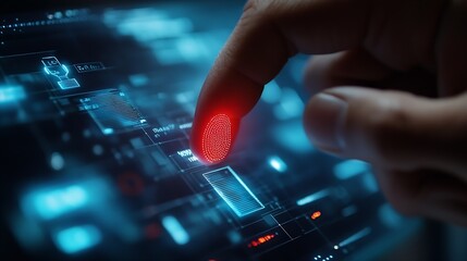 Leinwandbilder - Businessman using fingerprint indentification to access personal financial data for Ekyc electronic know your customer biometrics security innovation technology against digital cyber c : Generative AI