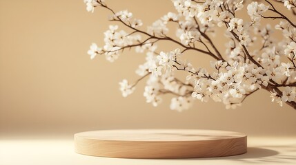 Aufkleber - Geometric empty podium wooden platform stand for product presentation and spring flowering tree branch with white flowers on pastel beige background : Generative AI