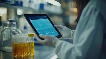 Fototapete - Tablet scientist and happy for analysis in laboratory healthcare and reading of online pharmaceutical research Asian expert technology or connection for innovation or information in bi : Generative AI