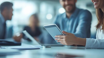 Aufkleber - Tablet work happy and business people in meeting for planning collaboration and strategy Smile speaking and corporate men reading information on technology for a plan ideas or teamwork : Generative AI