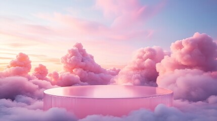 Aufkleber - Front view of transparent podium decorated with pinky cloudy sky background abstract content : Generative AI