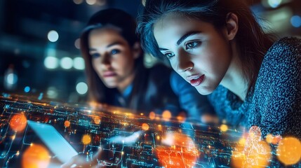 Wall Mural - image of data processing over diverse business people using laptop global business and digital inter