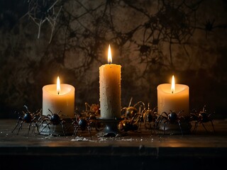 Eerie Halloween scene with burning candles, spiders, and cobwebs.